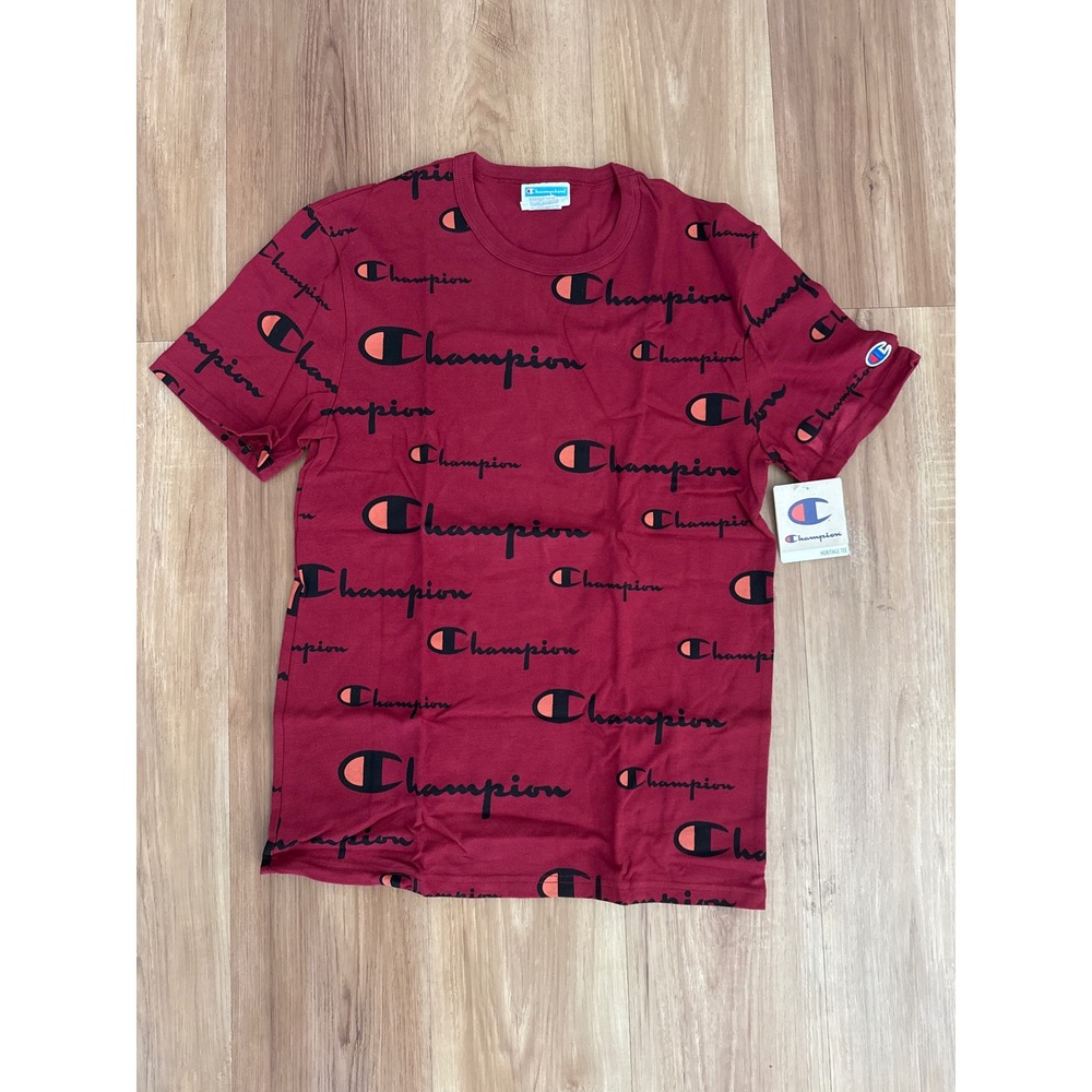 Champion Heritage Tee Mens Small Burgundy All Over Print Logo T-Shirt NWT